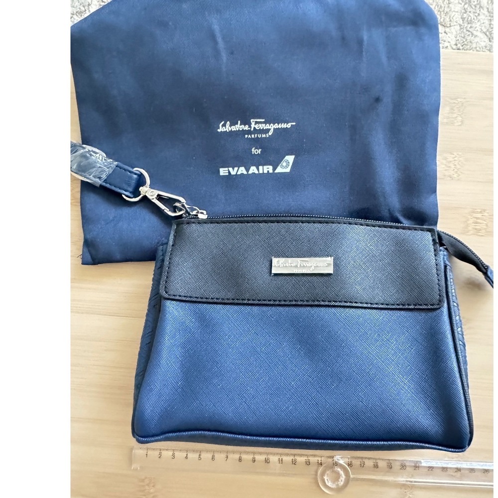 EVA Air x Salvatore Ferragamo Amenity Kit Set Blue Travel Pouch Wristlet NEW